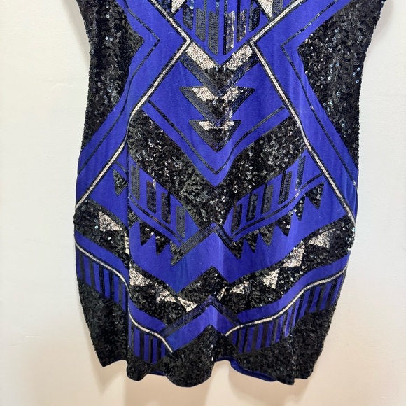 Express Art Deco Sequin Mini Dress Aztec Bodycon Blue Black Silver Size Large - Picture 11 of 14